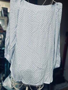 LOFT White Shirt W/Navy Micro-Stripe Button-Down with small blue dot NWT Size L